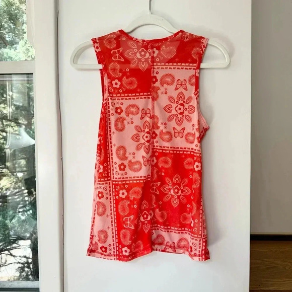 Lisa Says Gah Ariel Tank Top Shirt Sleeveless Bandana Sheer Print Pattern Red - Picture 5 of 8